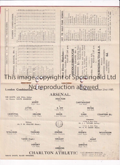 ARSENAL Programme for the home London Combination match v Charlton Ath. 23/10/1937 with 6 punched