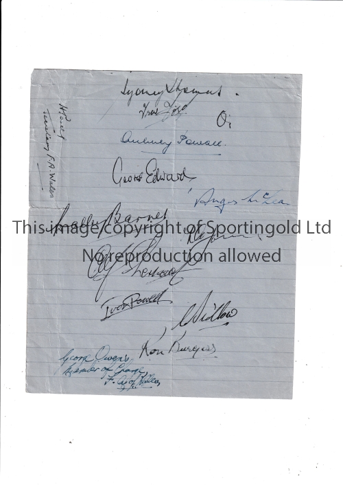 WALES FOOTBALL AUTOGRAPHS 1940'S A blue lined sheet signed by 13 players and officials including