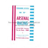 ARSENAL Programme for the away Friendly v. Racing Paris 18/4/1956, slightly folded in four and