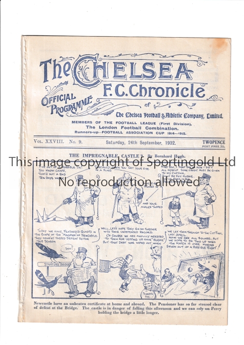 CHELSEA Home programme v Newcastle United 24/9/1932. Ex Bound Volume. Generally good