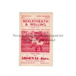 ARSENAL Programme for the away South East Counties League match v. Bexleyheath & Welling 8/9/1954,