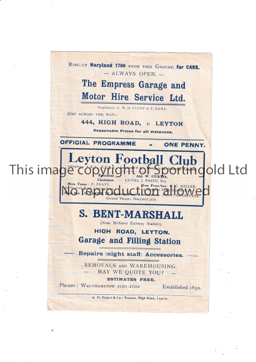 LEYTON V MERTHYR 1929 FA CUP Programme for the FA Cup 1st Round match at Leyton 30/11/1929.