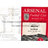 ARSENAL Two programmes: home v. Fulham 28/4/1952 Combination Cup Semi-Final and away v. Millwall