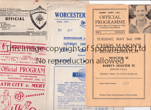 NON-LEAGUE FOOTBALL PROGRAMMES 1949/50 Twelve programmes: At Barry: Chris Mason's Benefit match,