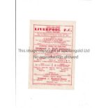 LIVERPOOL Home single sheet programme in Championship season 1946/7 season v South Liverpool,