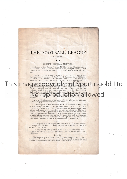 FOOTBALL LEAGUE Scarce 6 page report of the Special General Meeting at Connaught rooms 29/3/1915