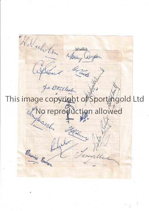 TOTTENHAM HOTSPUR AUTOGRAPHS 1956/7 A lined sheet signed by 14 players and Bill Nicholson.