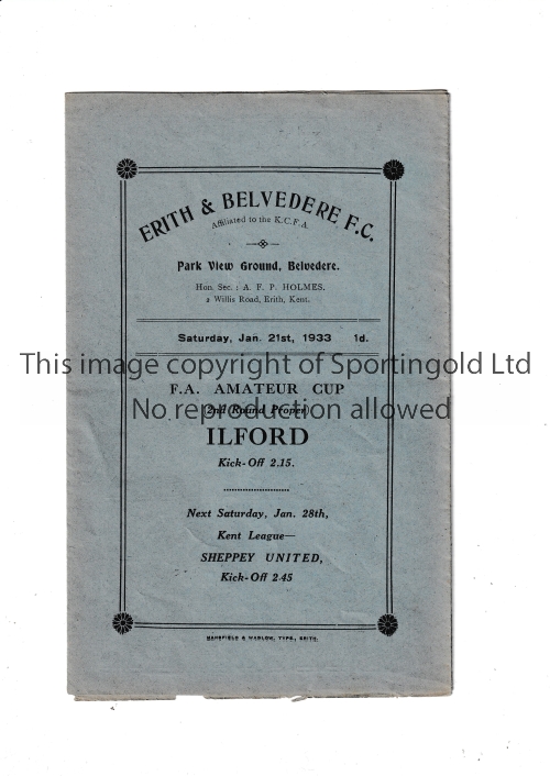 ERITH & BELVEDERE V ILFORD 1933 Eight page fold-out programme for the FA Amateur Cup tie at Erith