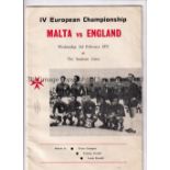 ENGLAND Programme for the away International in Malta 3/2/1971 issued by Educational Publicity