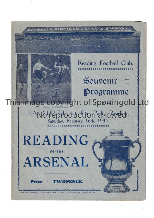 ARSENAL Away programme v Reading 16/2/1935 FA Cup. Generally good