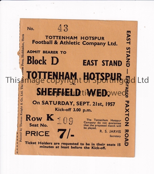 TOTTENHAM HOTSPUR V SHEFFIELD WEDNESDAY 1957 Seat ticket for the League match at Tottenham 21/9/1957