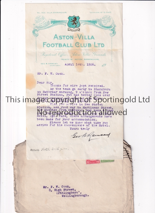 ASTON VILLA LETTER 1926 / AUTOGRAPH Official Aston Villa typed letter and envelope dated 14/4/1926