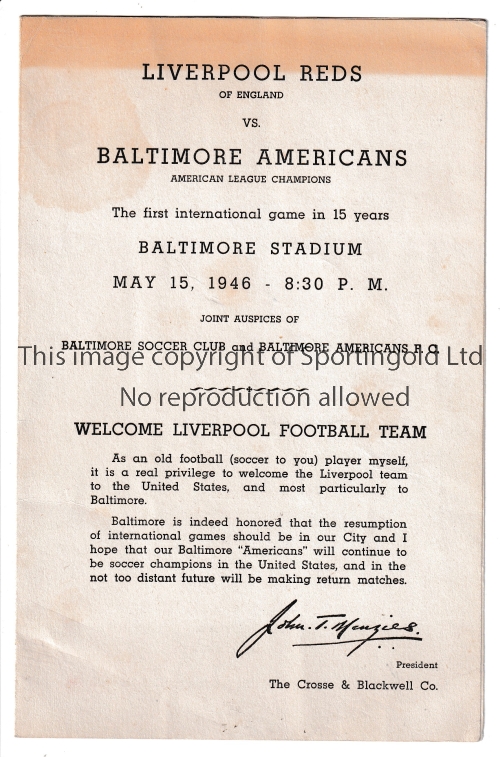 LIVERPOOL IN USA 1946 Scarce four page programme for the match v. Baltimore Americans 15/5/1946.