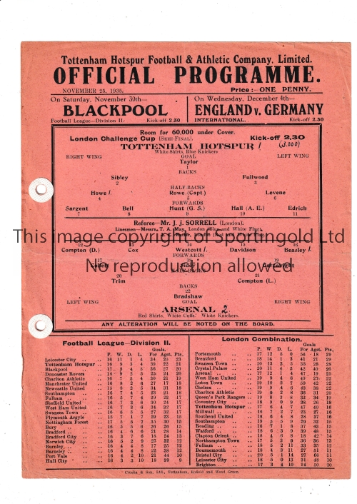 TOTTENHAM HOTSPUR V ARSENAL 1935 Single sheet programme for the London Challenge Cup Semi-Final at