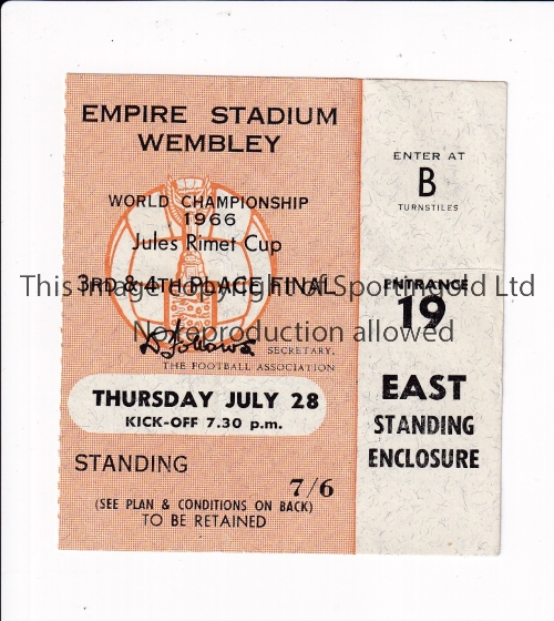 1966 WORLD CUP / TICKET USSR v Portugal 3/4 Place match 28/7/1966 standing ticket at Wembley. Good