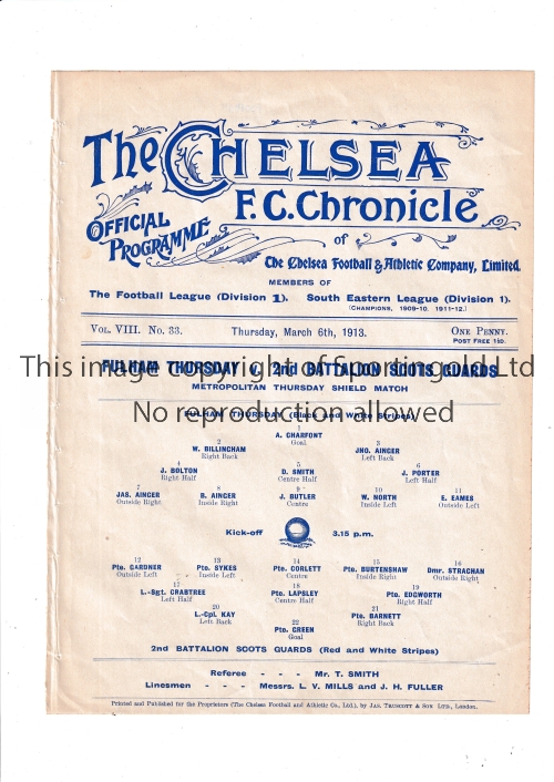 CHELSEA Single sheet at Stamford Bridge: Fulham Thursday v 2nd Battalion Scots Guards for the