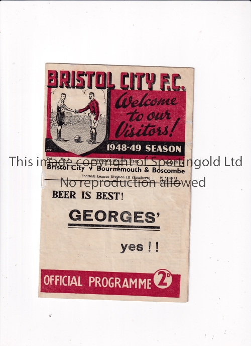 BRISTOL CITY V BOURNEMOUTH 1948 Programme for the League match at Bristol 6/11/1948, slightly