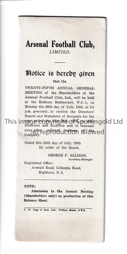 ARSENAL Report of Directors and Statement of Accounts 29/7/1935 when Arsenal completed a hat-trick