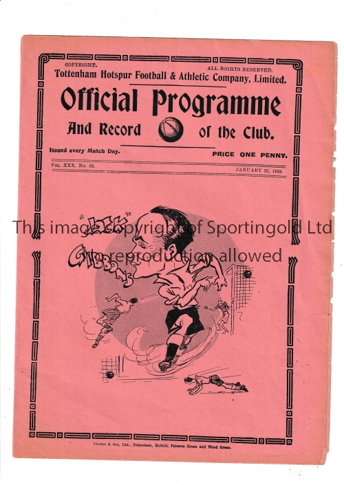 TOTTENHAM Home Reserves programme v Northampton Town Reserves 22/1/1938. Frayed at edges. No