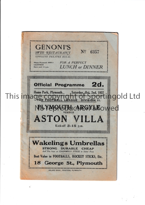 PLYMOUTH Home programme v Aston Villa 2/10/1937. Piece missing at top right corner restored. No