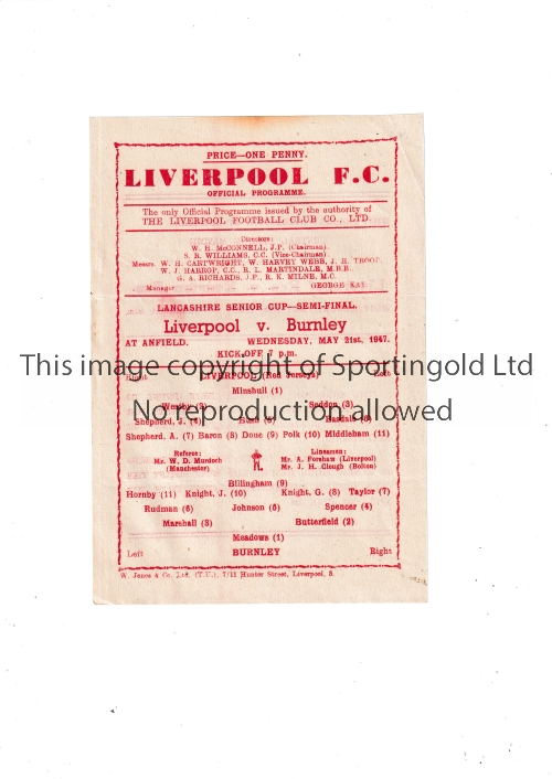 LIVERPOOL Home single sheet programme in Championship season 1946/7 season v Burnley, Lancashire