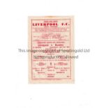 LIVERPOOL Home single sheet programme in Championship season 1946/7 season v Burnley, Lancashire