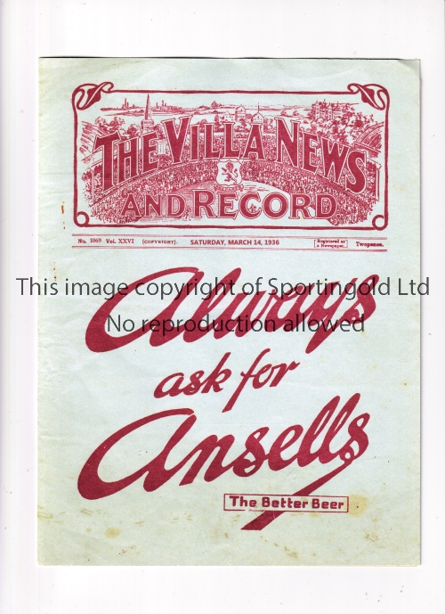 ASTON VILLA V LEEDS UNITED 1936 Programme for the League match at Villa 14/3/1936, with