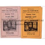 1947/8 TWO SWANSEA HOMES Programmes versus Exeter no staple and Bristol City folds, slightly worn