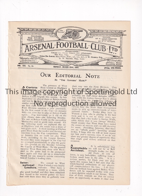 ARSENAL Programme for the home League match v West Ham United 23/3/1925, ex-binder. Generally good