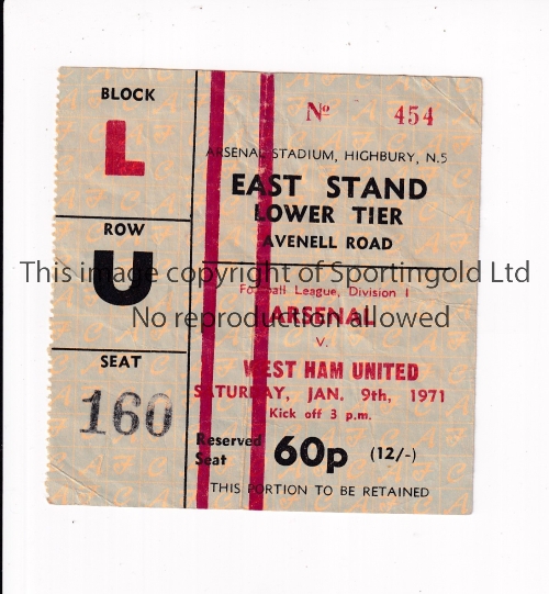 ARSENAL Ticket for the home League match v West Ham United 9/1/1971 in their Double Season, slightly