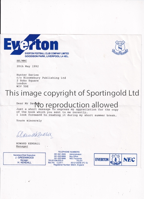 HOWARD KENDALL / EVERTON Typed and hand signed letter on Everton letterhead 20/5/1992 to Hunter