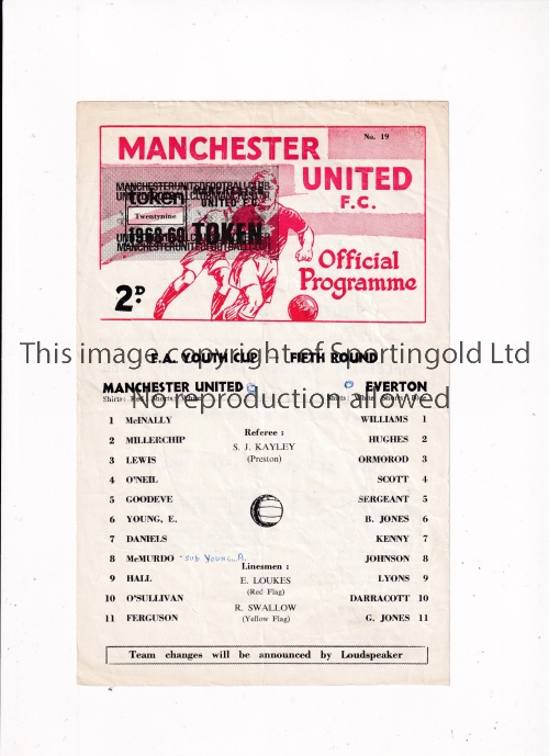 MANCHESTER UNITED Single sheet programme for the home FA Youth Cup match v Everton 1968/9