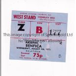 ARSENAL V BENFICA 1971 Ticket for the Champions Challenge Match at Highbury 4/8/1971. Good