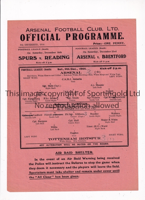 ARSENAL Programme for the home FL South match v Tottenham Hotspur 9/12/1944, pencil team changes.