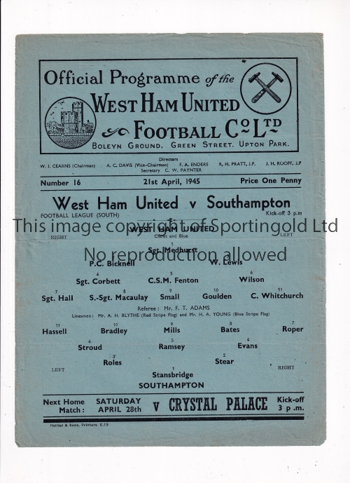 WEST HAM UNITED Single sheet programme for the home FLS match v Southampton 21/4/1945, slight