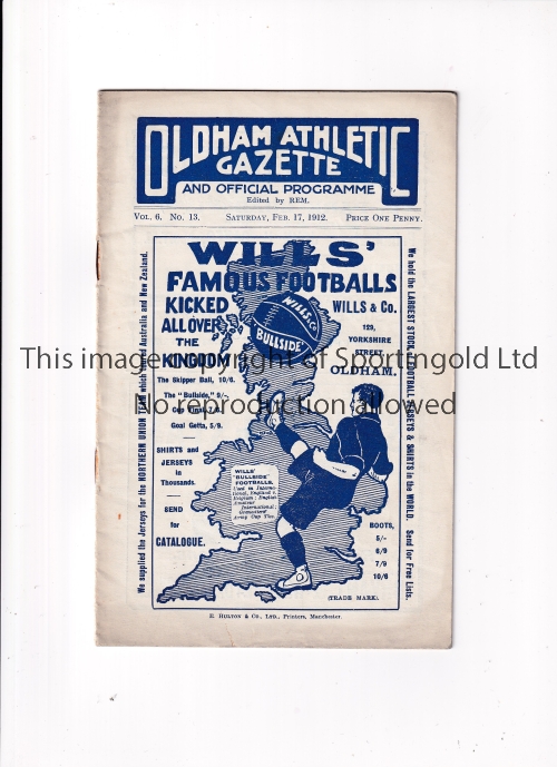 OLDHAM ATHLETIC V EVERTON 1912 Programme for the League match at Oldham 17/2/1912, team changes