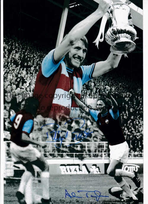 WEST HAM Autographed 12 x 8 colorized photo showing a montage of images relating to the Hammers 2-