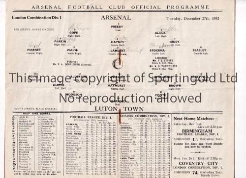ARSENAL Programme for the home London Combination match v Luton Town Reserves 27/12/1932, slightly