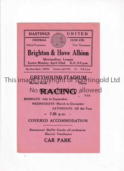 BRIGHTON & HOVE ALBION Programme for the away Met. League match v Hastings United 22/4/1957, very