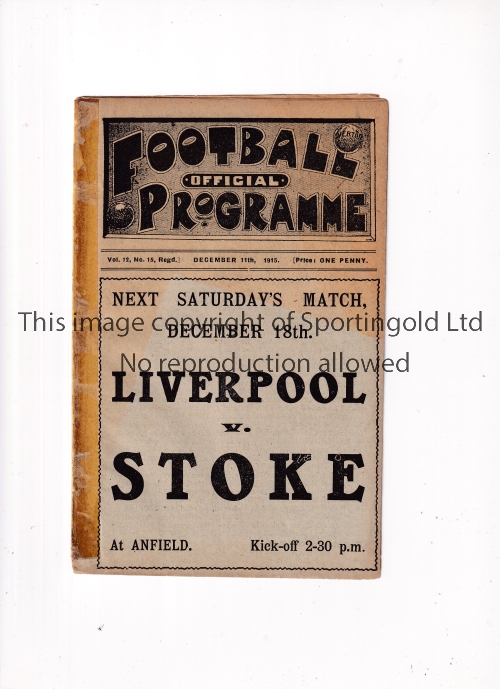 EVERTON V MANCHESTER UNITED 1915 Programme for the WWI wartime match at Goodison Park 11/12/1915,