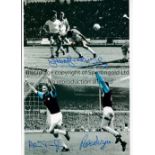 WEST HAM Autographed 12 x 8 colorized photo showing a montage of images relating to the Hammers
