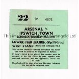 ARSENAL Ticket for the home League match v Ipswich Town 20/2/1971 in their Double Season, vertical