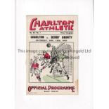 CHARLTON ATHLETIC V DERBY COUNTY 1938 Programme for the League match at Charlton 12/11/1938, very