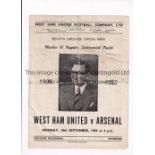 WEST HAM UNITED V ARSENAL 1950 Programme for the Paynter Testimonial at West Ham 18/9/1950,