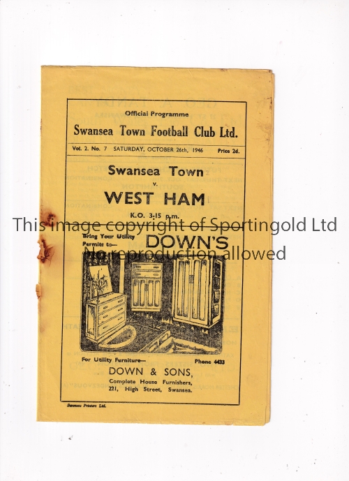 1946/7 SWANSEA v WEST HAM Programme or the match at Swansea 26/10/1946 with staples rusted away.