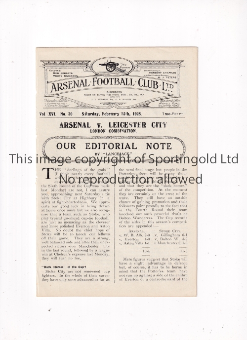 ARSENAL Programme for the home London Combination match v Leicester City Reserves 25/2/1928. Ex-