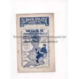 OLDHAM ATHLETIC V BLACKBURN ROVERS 1910 Programme for the Lancashire League Reserve team match at
