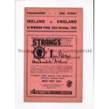 IRELAND V ENGLAND IN BELFAST 1937 Scarce 4 page large card programme issued by C. Lynas for the