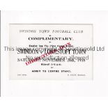 SWINDON TOWN V LOWESTOFT TOWN 1938 FA CUP Directors Box ticket for the FA Cup tie at Swindon 26/11/