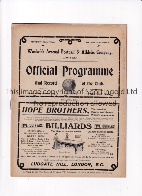 WOOLWICH ARSENAL Home programme v Everton 18/4/1908 played at Plumstead Road. Professionally cleaned